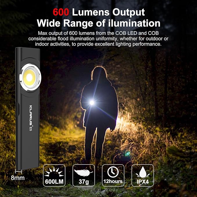 klarus E5 Pocket Flashlight, Rechargeable EDC Flashlight, Super Slim 4.2x1x0.3inch, 600 Lumens, USB-C Port, IPX4, Dual Light Source with Magnetic Base, Hat & Clothes Clip - Black