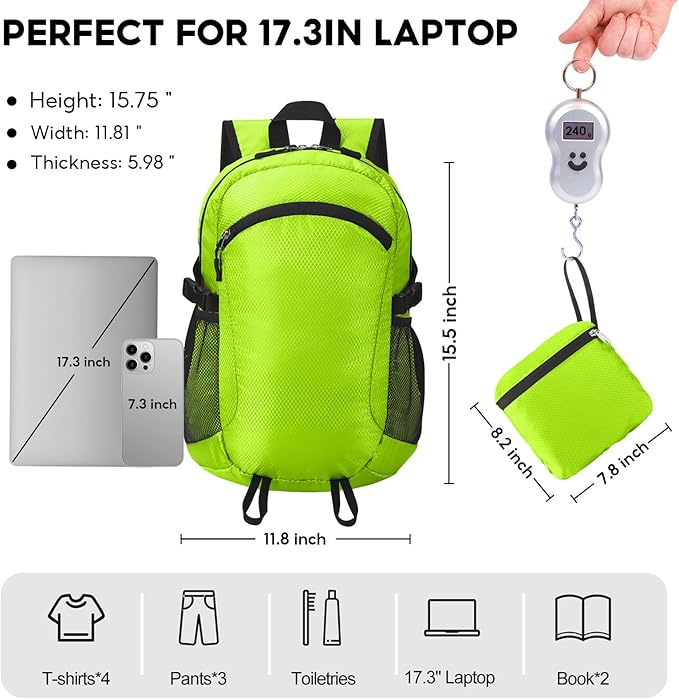 Small Hiking Daypack,15L Water-Resistant Hiking Backpack Packable Lightweight Travel Day Pack for Women Men (LinghtGreen, Small)