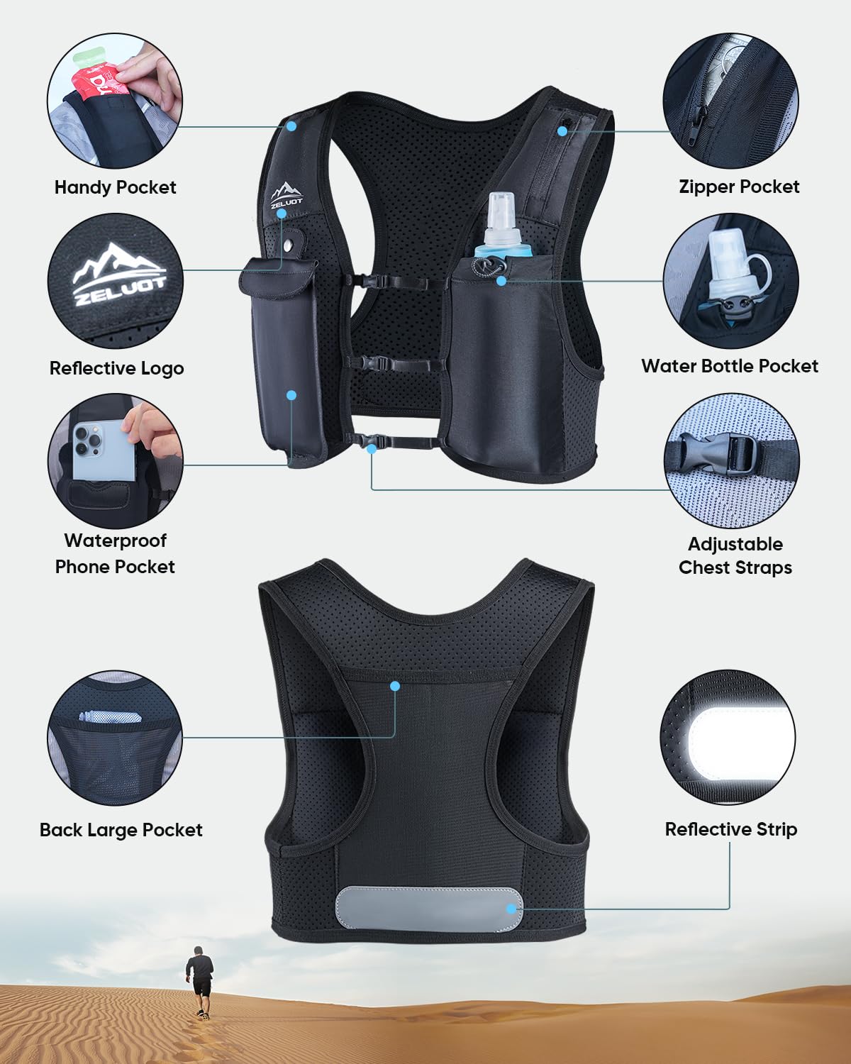 Zelvot Running Vest for Women Men, Touchscreen Phone Pocket (Black, M/L)