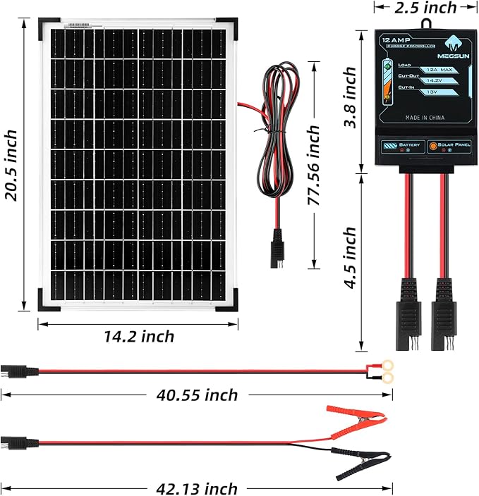 30W Solar Panel Battery Trickle Charger & Maintainer with 12A Upgraded Solar Panel Controller, 12V Monocrystalline Waterproof Solar Trickle Charging Kit for Car RV Boat Motorcycle