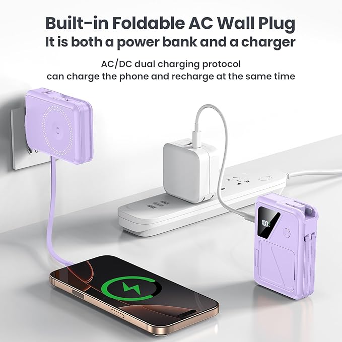 Wireless Portable Charger,5-in-1 Magnetic Power Bank 10000mAh Built in Cables and AC Plug,22.5W Fast Charging Magnetic Battery Pack,Compatible with iPhone 16/15/14/13/12,Apple Watch Series,Airpods