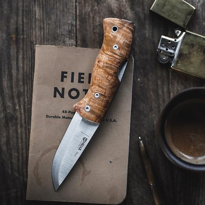 HELLE Knives - Nipa - Mid-Size Folding Knife - 2.72" Stainless Steel Blade with Hand-Sanded Curly Birch Handle - EDC Pocket Knife with Clip - Made in Norway