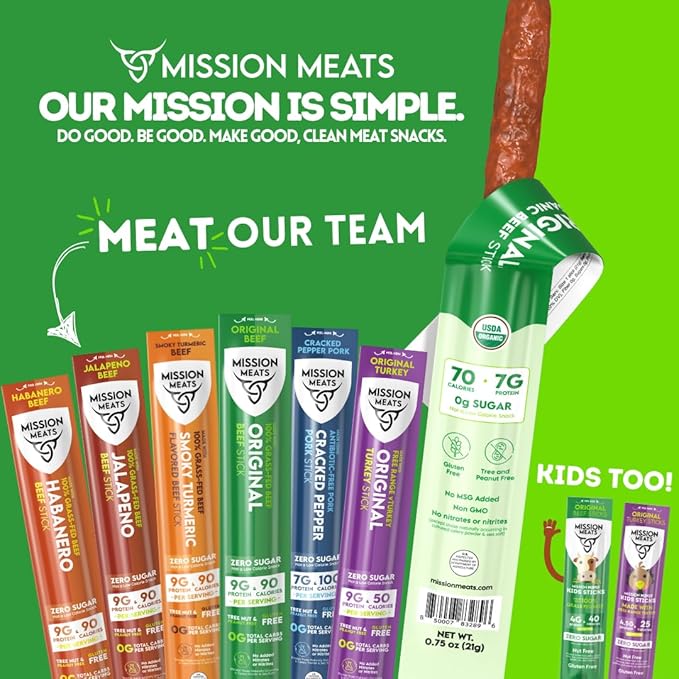 Mission Meats Beef Sticks – 100% Grass Fed & Pasture Raised, Sugar Free, Individually Wrapped Healthy Snacks, Whole 30 & Paleo Friendly, Smoky Turmeric 1oz (Pack of 12)