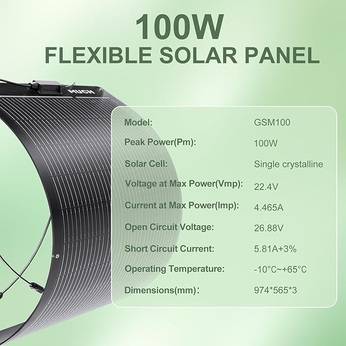 100W Semi-Flexible Solar Panel 12V Monocrystalline Ultra-Flexible Bendable Mono Off-Grid Charger for Marine RV Cabin Van Car Boat Curve Surfaces
