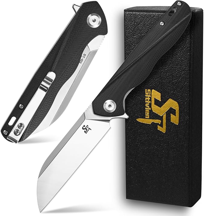 Sitivien ST103 Folding Knife, D2 Steel Blade+G10 Handle Pocket Knife, EDC Tool Knife for Outdoor, Camping, Hunting, Survival (Black)