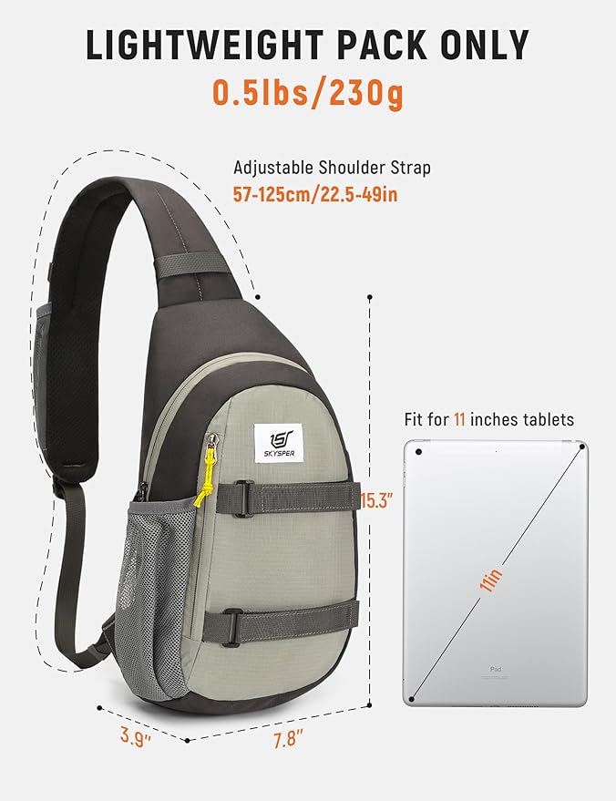 SKYSPER Sling Bag Anti-Theft RFID Crossbody Bag Travel Cross Body Backpack Shoulder Hiking Sling Daypack(Lightgray)