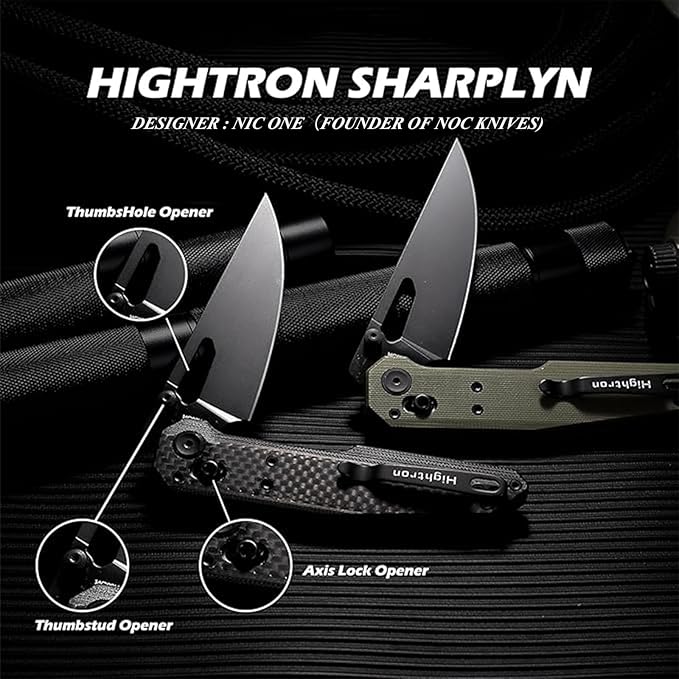 Hightron Sharplyn Folding Knife, 3.6" 14C28N Steel Blade with Black PVD OD Green G10 Handle Pocket Knife with Pocket Clip for Men Women Lightweight EDC Knives for Outdoor