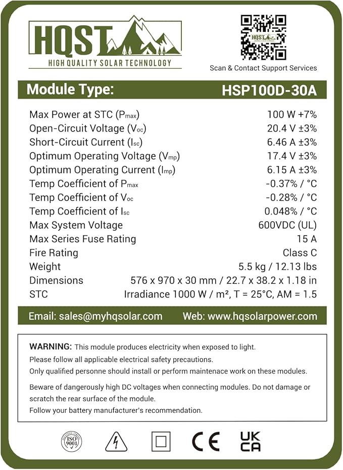 HQST 100 Watt 12V Monocrystalline Solar Panel with Solar Connectors, High Efficiency Module PV Power for Battery Charging Boat, Caravan, RV and Any Other Off Grid Applications