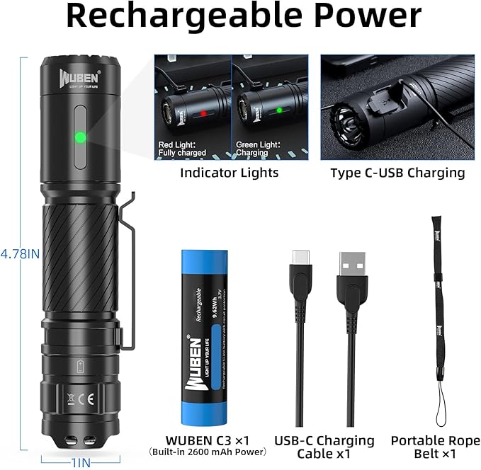 WUBEN C3 Rechargeable Flashlight 1200 High Lumens Super Bright, LED Tactical Flashlights, Powered EDC Flash Light IP68 Waterproof, 6 Light Modes for Camping, Emergency, Outdoor, Rescue, Inspection