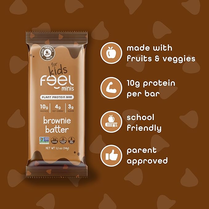 Feel Bar Minis ??Kids Protein Bars | Brownie Batter ??12 Pack | 10g Plant Protein | 100 Calories | No Added Sugar | + Daily Veggies | Gluten Free, No Nuts, No Soy, No Dairy, No Grains
