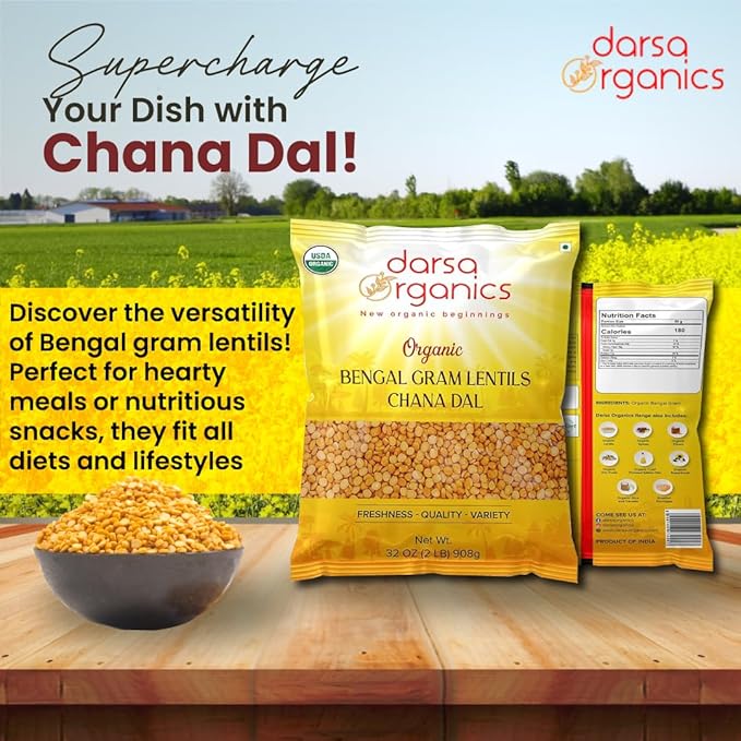 Darsa Organics Chana Dal 2 lb ??USDA Organic Split Bengal Gram (Yellow Chickpeas), Non-GMO, Chemical-Free ??Yellow Lentils for Dal, Khichdi, Soups, Salads, Veggie Burgers & Patties