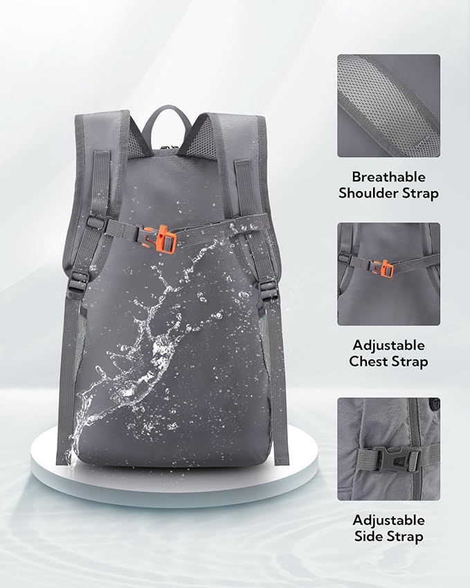 WATERFLY Hiking Foldable Daypack Backpack: 25L Ultra Lightweight Waterproof Day Pack for Woman Man - Small Compact Packable Folding Back Pack for Outdoor Sport Cycling Biking Travel Trip - Gray
