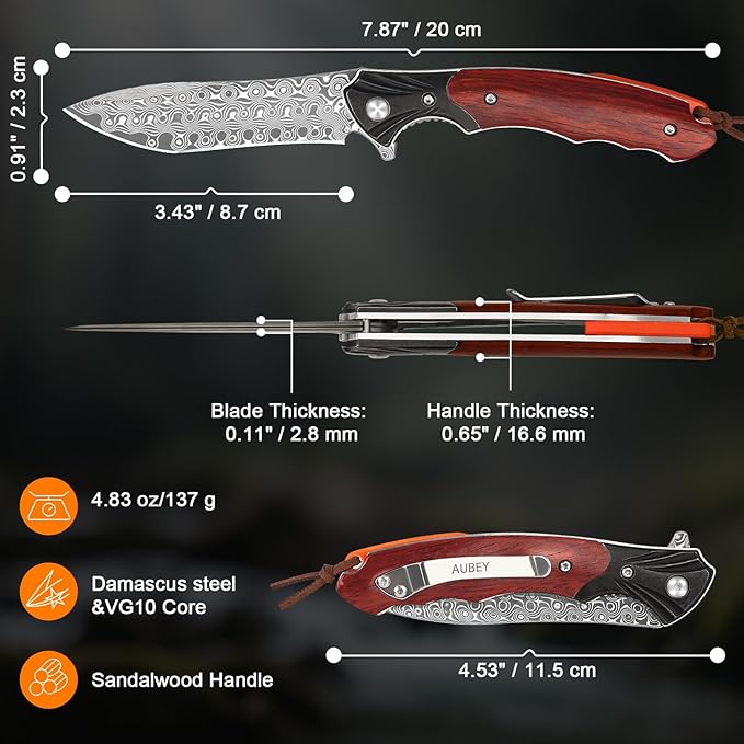 AUBEY Damascus Pocket Knife, Folding Knife with 3.43" Blade, Wooden Handle, Clip, EDC Knife for Outdoor, Hiking, Hunting, Gift/Collection for Men Women