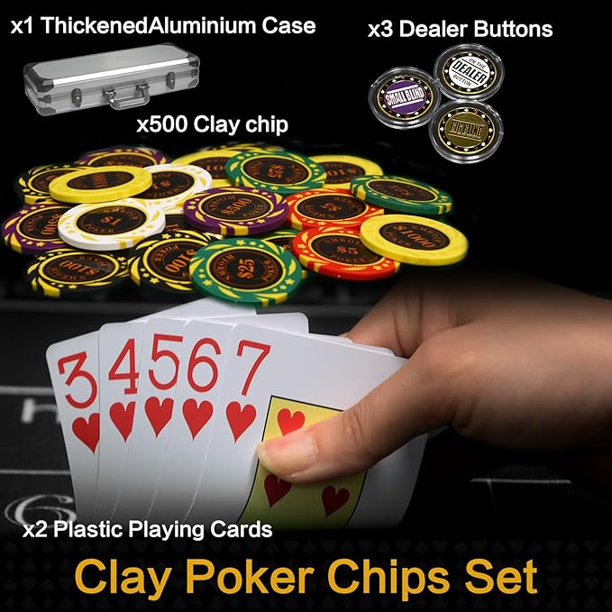 13.5 Gram Clay Poker Chip Set Texas Hold'em Casino Chips 2 Decks of Cards, Aluminum Case Dealer Buttons, for Blackjack Poker Games (500 PCE)