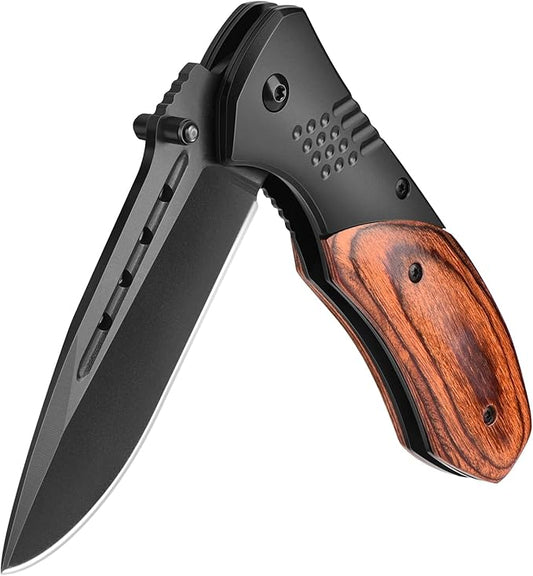 Pocket Knife for Men - 3.46" Sharp Blade Wood Handle Pocket Folding Knives with Clip, Glass Breaker - EDC Knives for Hunting Camping Survival Outdoor Fishing Hiking Women Men, Black