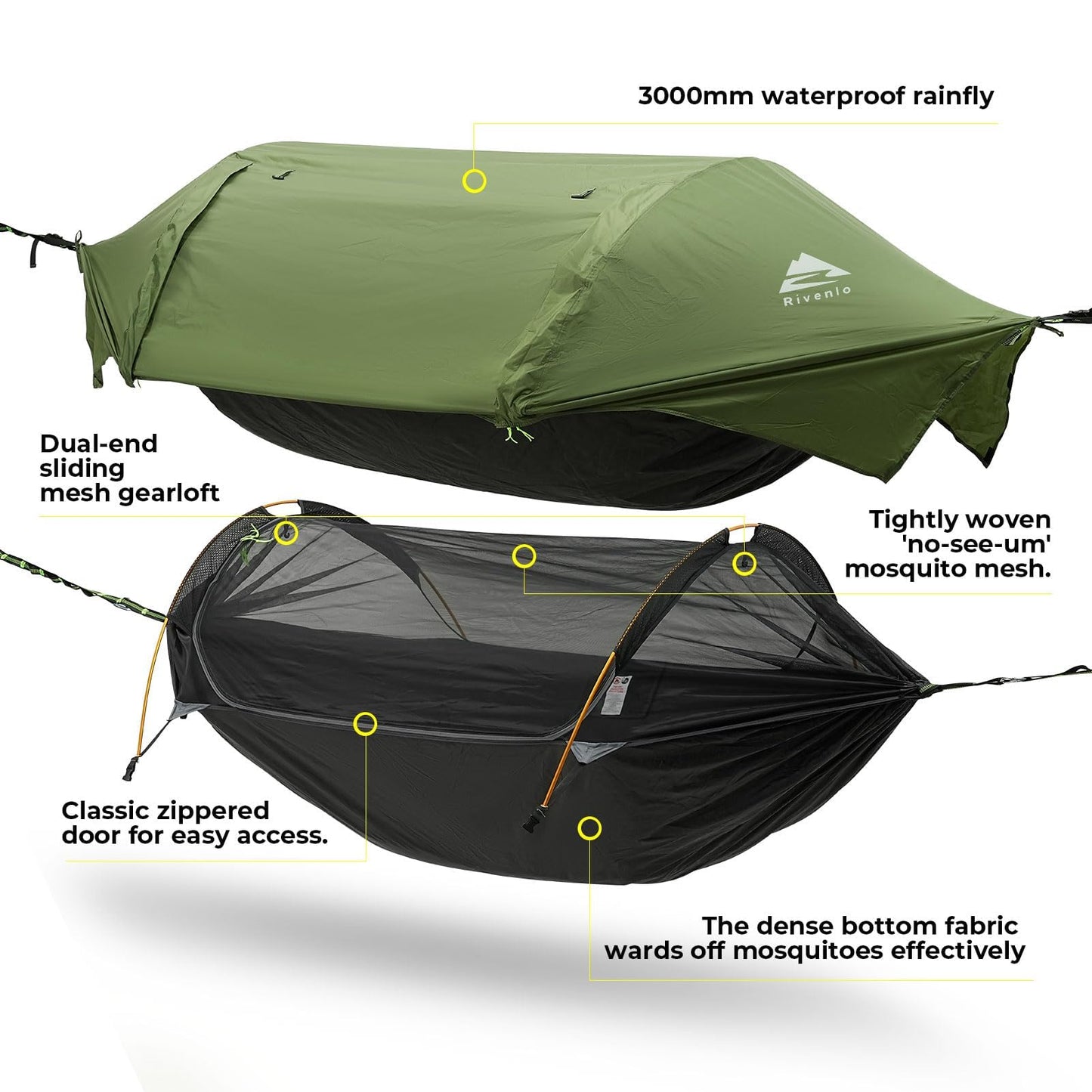 Rivenlo Camping Hammock Tent with Mosquito Net & RainFly, 3 in 1 Waterproof Portable Sleeping
