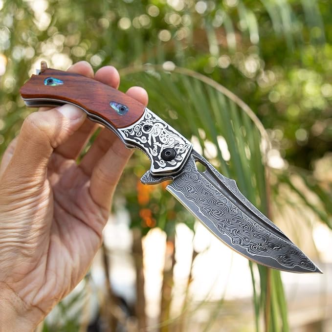 Handmade Japanese VG10 Damascus Steel Folding Knife,Rosewood Liner Lock Handle, Leather Sheath,EDC Pocket Knives for Men Outdoors Camping Fishing