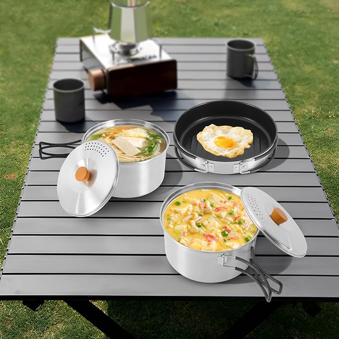 Portable Camping Cookware Set, 304 Stainless Steel Outdoor Camping Cooking Pots and Pans with Storage Bag, Outdoors Campfire Cook Cookware Equipment for Outdoor Camping Hiking Picnic for 2-3