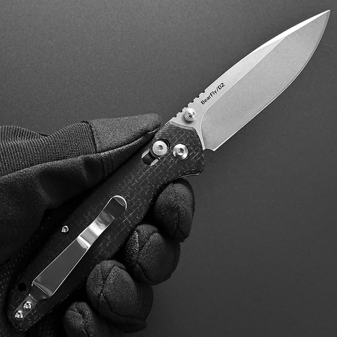 Eafengrow EF966 Folding Knife D2 Blade Micarta Handle with Pocket Clip EDC Tactical Knife thumb knobs Axis Lock EDC Multitool Knife (BLACK)