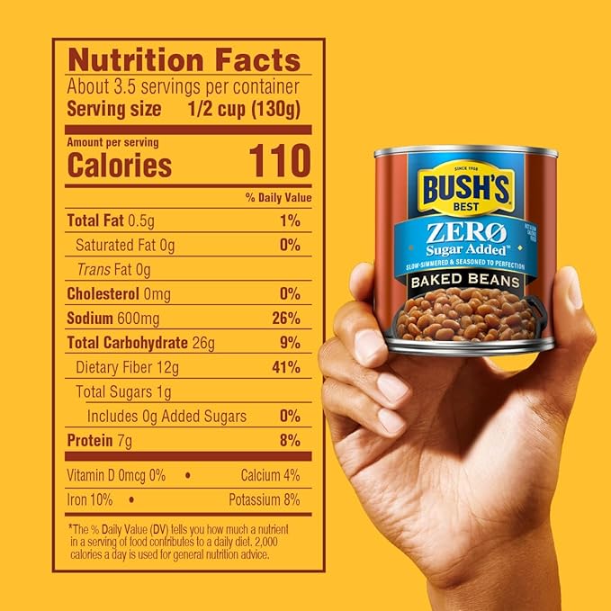 BUSH'S BEST 15.8 oz Canned Zero Sugar Baked Beans, Source Of Plant Based Protein and Fiber, Low Fat, Gluten Free, (Pack of 12)