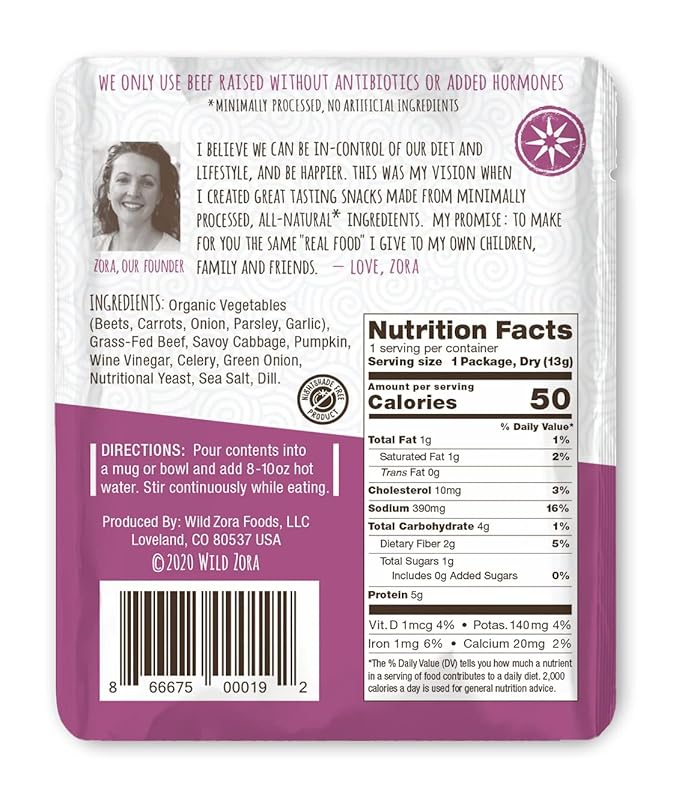 Wild Zora Instant Keto-Friendly Soups Savoy Beef 8-pack Broth Made with 100% Grass-Fed Beef, and Vegetables, Gluten-Free, Low Carb, No Added Sugar, Flavorful Pantry Staples - 0.5oz/13g