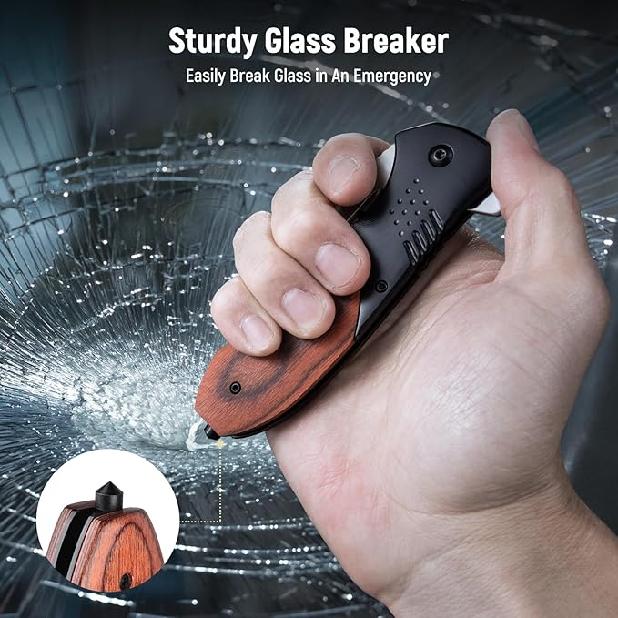 Pocket Knife for Men - 3.46" Sharp Blade Wood Handle Pocket Folding Knives with Clip, Glass Breaker - EDC Knives for Camping Survival Fishing Outdoor Hiking Women Men,Black-Silver