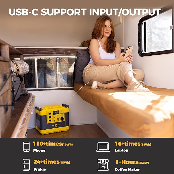 Lipower Power Station 1000W, 1120Wh LiFePO4 Battery Solar Generator for Camping, AC Outlets*3, PD 60W, Portable Power Station for Home Use, CPAP, Emergency-G1000L Yellow