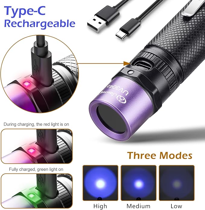 LIGHTFE Blacklight uv Flashlight 365nm UV304 UV Flashlight Rechargeable can be Used for UV Glue Curing and pet Urine Stains, Stains, Minerals, Fluorescent Agents, Detection, etc.