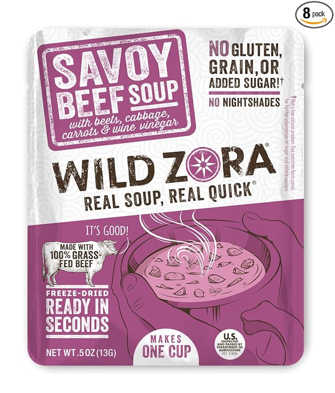 Wild Zora Instant Keto-Friendly Soups Savoy Beef 8-pack Broth Made with 100% Grass-Fed Beef, and Vegetables, Gluten-Free, Low Carb, No Added Sugar, Flavorful Pantry Staples - 0.5oz/13g