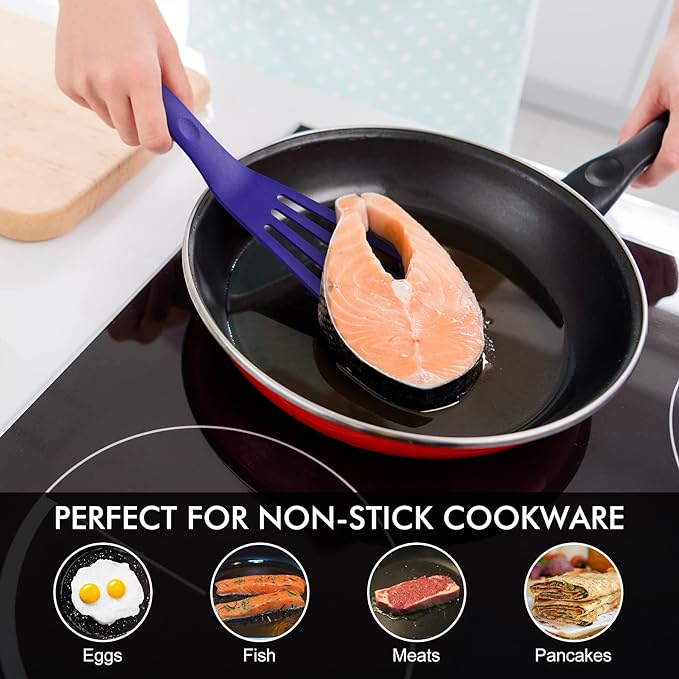 HOTEC 600??Heat Resistant Silicone Slotted Fish Turner Spatula Set, BPA Free Kitchen Cooking Spatulas, for Non Stick Cookware Dishwasher Safe Classic Blue, set of 2