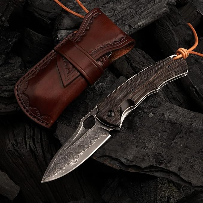 Folding Knife 3in Handmade VG 10 Damascus Steel Knife Pocket Knife, Leather Case, Ebony Handle, with Padded Lock, Suitable for Outdoor Camping Fishing and Carrying Knives