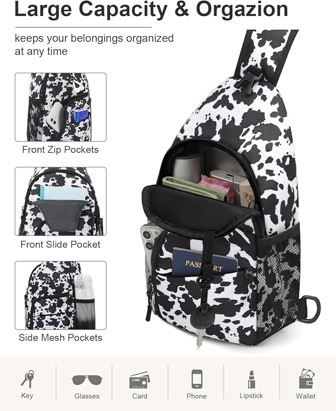Medium Crossbody Bags for Women Man Waterproof Sling Bag Backpack with Convertible Shoulder Strap Chest Bag for Camping Hiking Travel Essentials (Cow Print)
