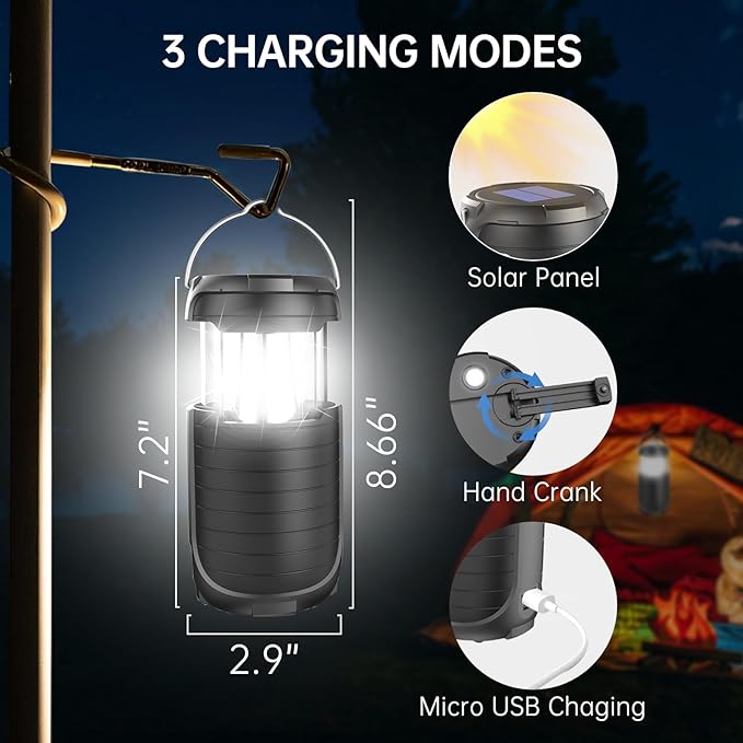 Solar Camping Lantern,Rechargeable LED Lights, 5000mAh Waterproof Solar Powered/ Hand Crank Powered Rechargeable Lantern, Emergency Lights for Power Outages, Hiking, Campsites, Emergencies