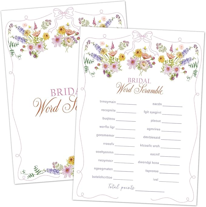 Word Scramble Bridal Shower Games, Wildflowers Pink Bow Games Card for Wedding Reception, Bridal Shower, Engagement, Bachelorette Party Activity Decorations (25 Pack) -A01