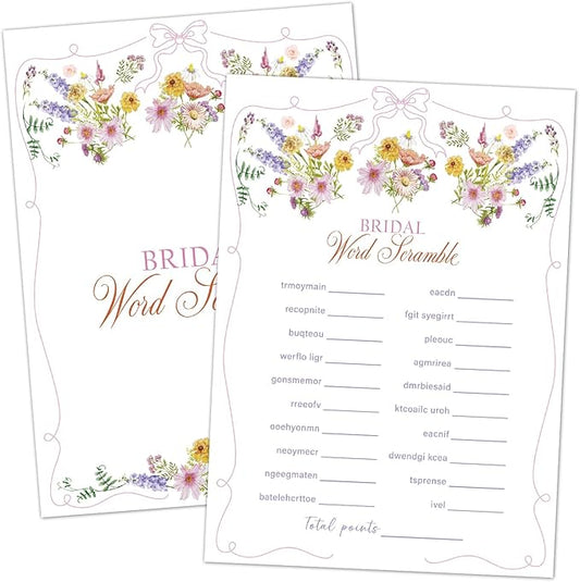 Word Scramble Bridal Shower Games, Wildflowers Pink Bow Games Card for Wedding Reception, Bridal Shower, Engagement, Bachelorette Party Activity Decorations (25 Pack) -A01