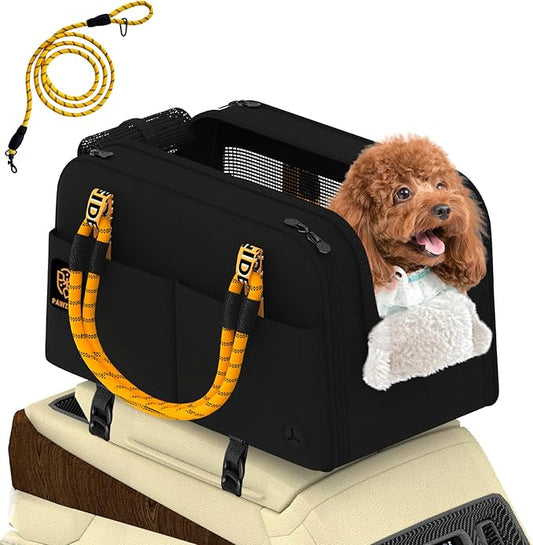 PAWZIDEA Center Console Dog Car Seat, Enclosed Secure Armrest Booster Seat for Small Dogs & Cats up 12lbs, Soft-Sided Travel Pet Carrier Safety Straps, Removable Pillow, Storage Pocket, Shoulder Strap