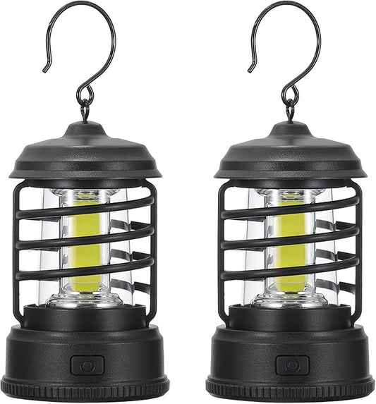 PATIKIL LED Camping Lantern, 2 Pack Vintage Lantern 2 Light Modes Portable Battery Powered Hanging Outdoor Tent Light for Camping, Hiking, Fishing, Black 5.91 Inch