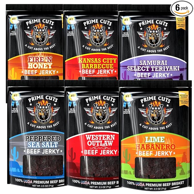 Prime Cuts Jerky Variety Pack – 6 Gourmet Beef Brisket Flavors, 100% USA Beef, No MSG or Nitrates, Tender & Marinated, High Protein Snack – 6 Bags of Premium Jerky