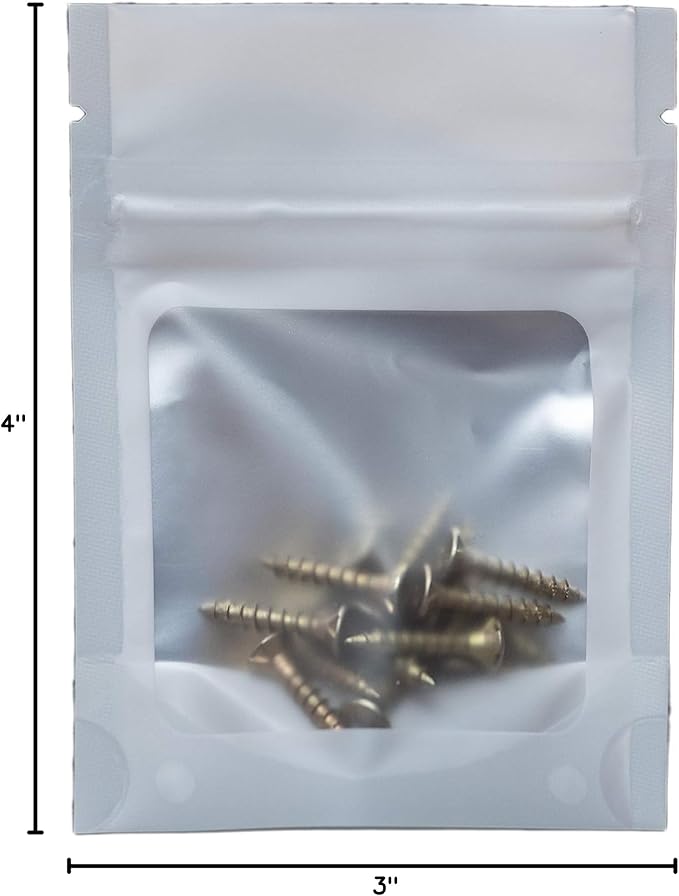 HANSER | Smell Proof Odorless Mylar Resealable Foil Pouch Bags with clear Window | Stand up bottom | Airtight | matte white | 100 Pieces | 3x4 inches
