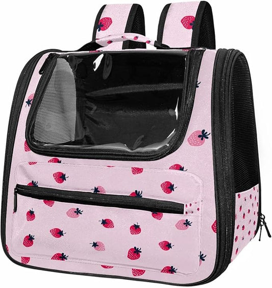 Pink Strawberry (2) Pet Cat Backpack Carrier for Kitty Small Dog, Ventilated Pet Carrier Bag for Car, Walking, Hiking, Outdoors