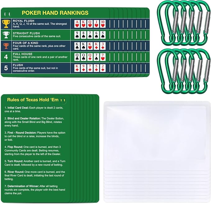 10-Pack (20 Cards) Poker Hand Rankings Cards Set with Magnifier & Clip, Texas Hold'em Cheat Sheet & Rules Guide, Sturdy Poker Chart for Beginners, Pros, Poker Night