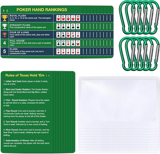 10-Pack (20 Cards) Poker Hand Rankings Cards Set with Magnifier & Clip, Texas Hold'em Cheat Sheet & Rules Guide, Sturdy Poker Chart for Beginners, Pros, Poker Night