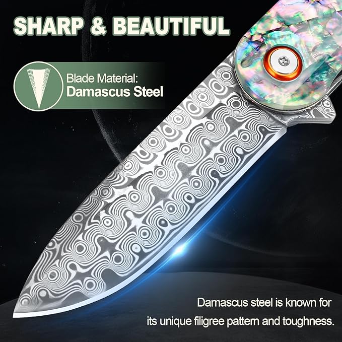 Damascus Pocket Knife with Sheath 2.95" Damascus Steel Blade Folding Knife with Abalone Shell Handle EDC Pocket Knives for Men Women Outdoor Indoor Camping