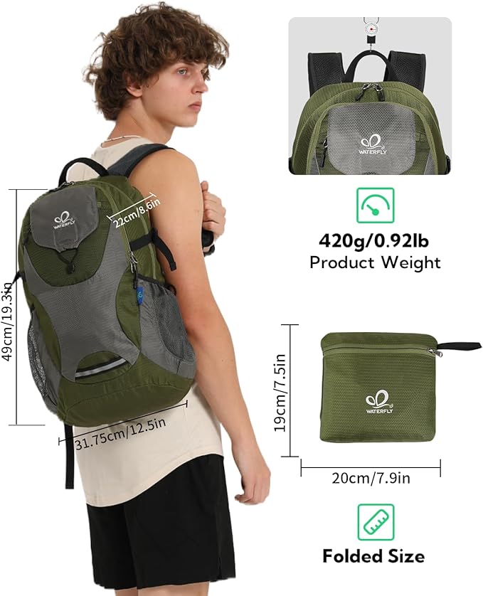 WATERFLY Lightweight Packable Hiking Backpack: 30L Foldable Travel Daypack Ultralight Camping Day Pack for Woman Man