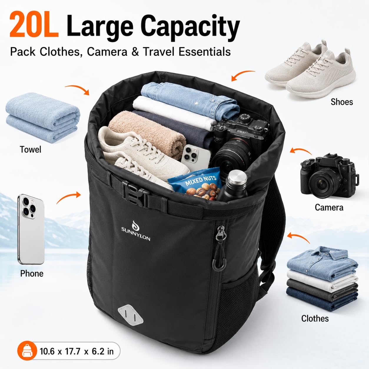 Sunnylon Dry Bag Backpack, 20L Dry Bag Waterproof with Waist Pouch and Phone Case,Roll top Dry bag