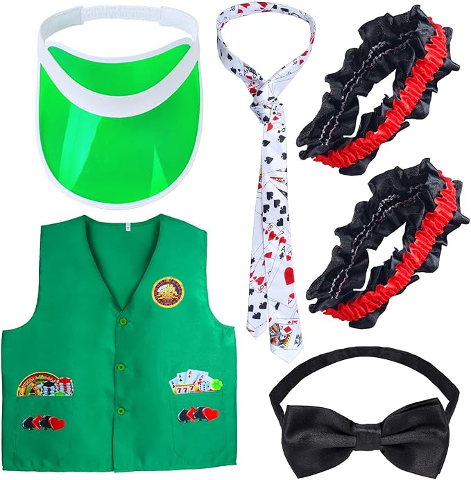 Yewong Casino Dealer Vest Set Dealer Visors Hat Bowtie Playing Card Tie Armband for Las Vegas Birthday Game Night Party Favors Supplies