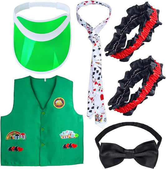 Yewong Casino Dealer Vest Set Dealer Visors Hat Bowtie Playing Card Tie Armband for Las Vegas Birthday Game Night Party Favors Supplies