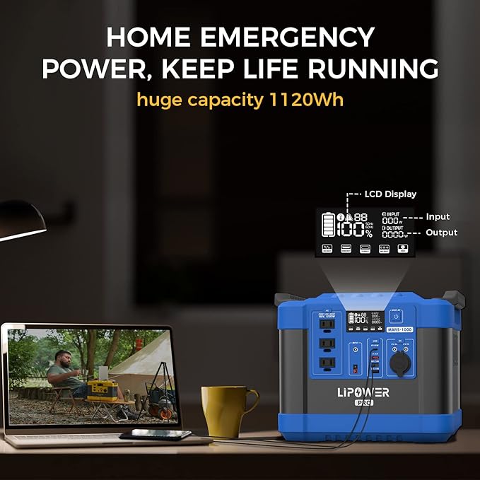 Lipower Solar Generator, 1120Wh Power Station 3 * 1000W AC Outlets(2000W peak), 60W USB-C Output, Generator for Camping, CPAP, Home Backup