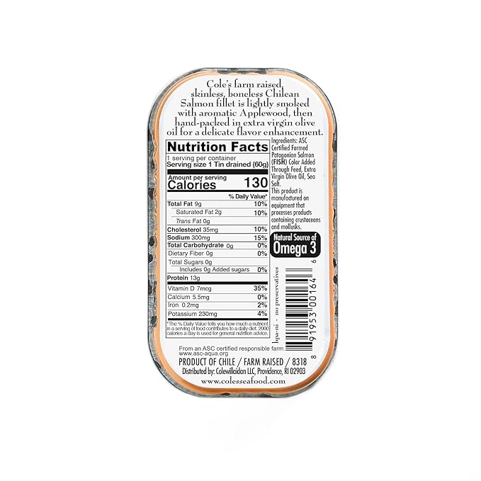 COLE'S SEAFOOD - Hand Packed Smoked Salmon in Olive Oil, Preservative Free Seafood, Canned Fish, High in Protein and Omegas, 3.2 oz Can | Single