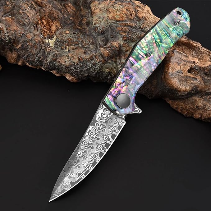 AUBEY Damascus Pocket Knife for Women Men, Sharp 3.23" Damascus Steel Blade Knife with Clip, EDC Hunting Knives with Abalone Shell Handle, Gift for Camping Outdoor